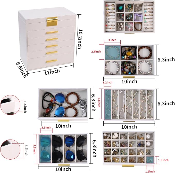 BOOVO Jewelry Boxes for Women, White and Black 6 Layer Large Jewelry Box for Necklace, Bracelet, Earrings, Rings Storage, Jewelry holder Organizer for Girls Gift (White and Gold, 6 layer) - Image 3