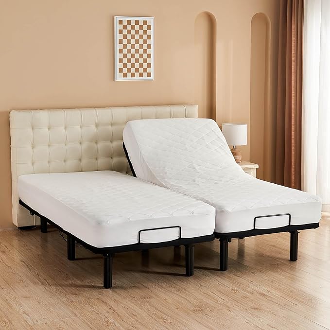 Kingnex Cotton Waterproof Split Cal King Mattress Protector for Ajdustable Bed Soft Microfiber Padded Fitted Quilted Mattress Topper Pad