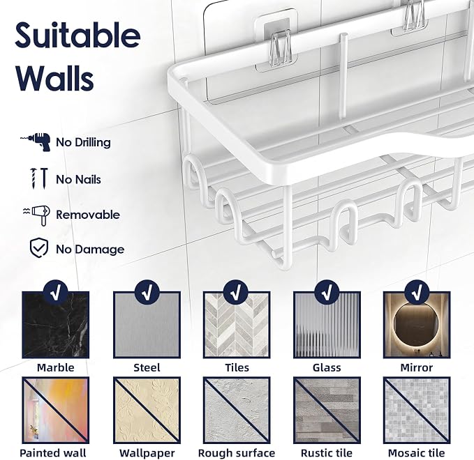NESOMI Shower Caddy Adhesive Shower Organizer 7-Pack, Rustproof Stainless Steel Bathroom Shelves, Large Capacity No-Drill Rack Storage Accessories with Soap Dish Toothbrush Holder Hooks - Image 9