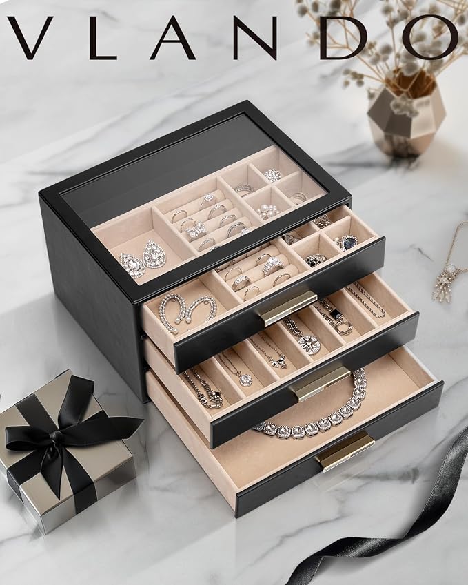 VLANDO Jewelry Box for Women, Glass Lid Jewelry Organizer with 3 Drawers for Necklaces Rings Earrings Bracelets - Black - Image 6
