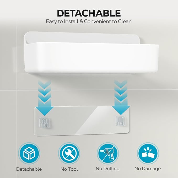 Nieifi Adhesive Wall Shelf, Shower Shelves 5 Pack with Soap Holder, Shower Organizer for Bathroom Organization, White - Image 8