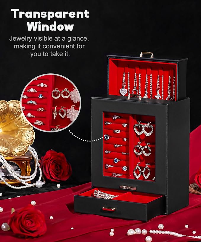 Homde Jewelry Organizer Girls Women Jewelry Box for Necklaces Rings Earrings Gift Bracelets Storage Case (Black + Red + Gold) - Image 4