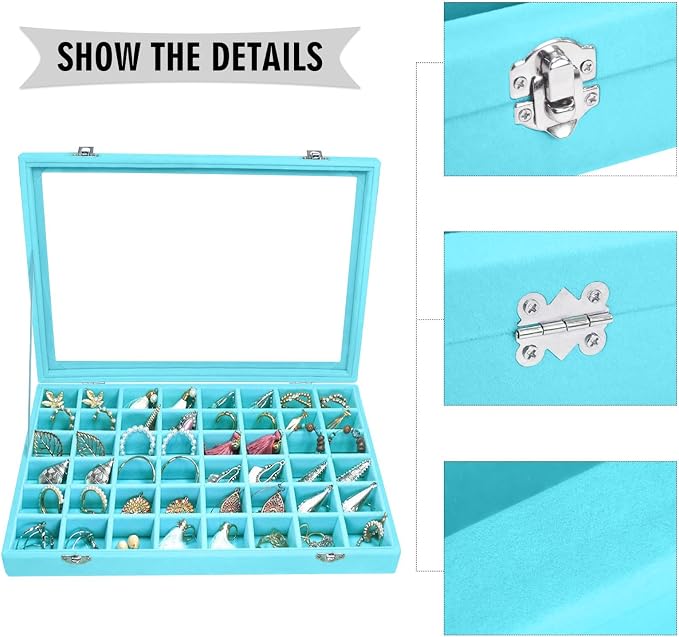 Siveit Velvet Jewelry Tray 48 Grid Jewelry Display Tray Organizer Box with Transparent Lid Rings Earrings Necklaces Pendants Display Box Suitable for Women and Girls (Light Blue) - Image 4