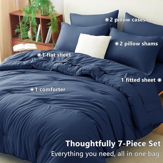 CozyLux Full Size Comforter Sets Navy Blue, 7 Pieces Bed in a Bag Full Comforter Set with Sheets, Luxury Bedding Set with Down Alternative Comforter, Fitted Sheet, Flat Sheet, Pillowcases & Shams