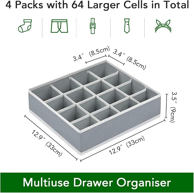 Joyoldelf Sock Drawer Organizer Divider Underwear Organizer 16-cell Fabric Dresser Drawer Organizers Storage Boxes for Socks Lingerie, Handkerchiefs, Ties 4 Pack (Grey) - Image 2