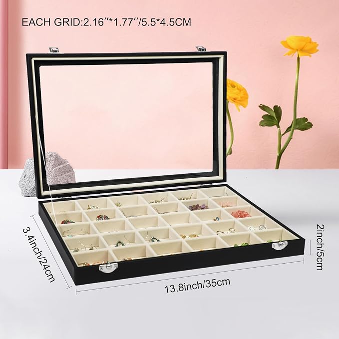 Stratalife Earring Organizer Jewelry Holder Organizer Drawer Earring Storage Jewelry Tray with Clear Lid Ring Box for Women Girls Anti Tarnish 30 Grid (Beige Black) - Image 5