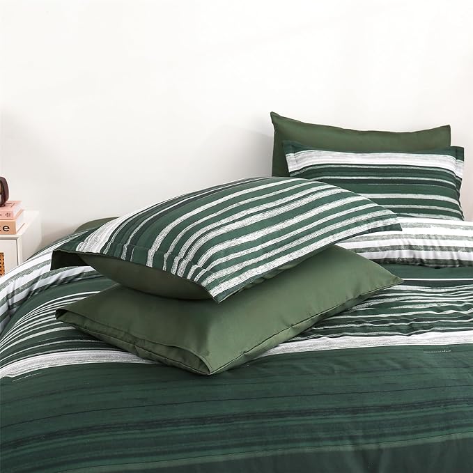 KAKIJUMN 5 Piece Bed in a Bag Stripe Comforter Set Twin Size, White Grey Green Patchwork Striped Comforter and Sheet Set, All Season Soft Microfiber Complete Bedding Sets(Dark Green,Twin)