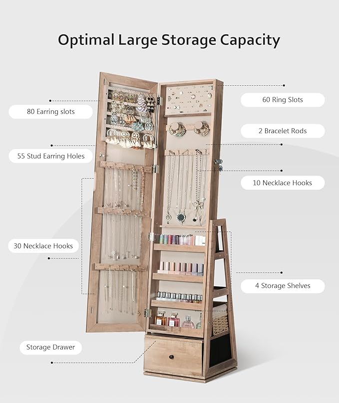 Nicetree 360°Swivel Jewelry Cabinet, Rotatable Full Length Mirror with Jewelry Storage, Standing Jewelry Armoire Organizer, Lockable Jewelry Organizer with 3 Rear Shelves, Bottom Drawer, Oak - Image 3