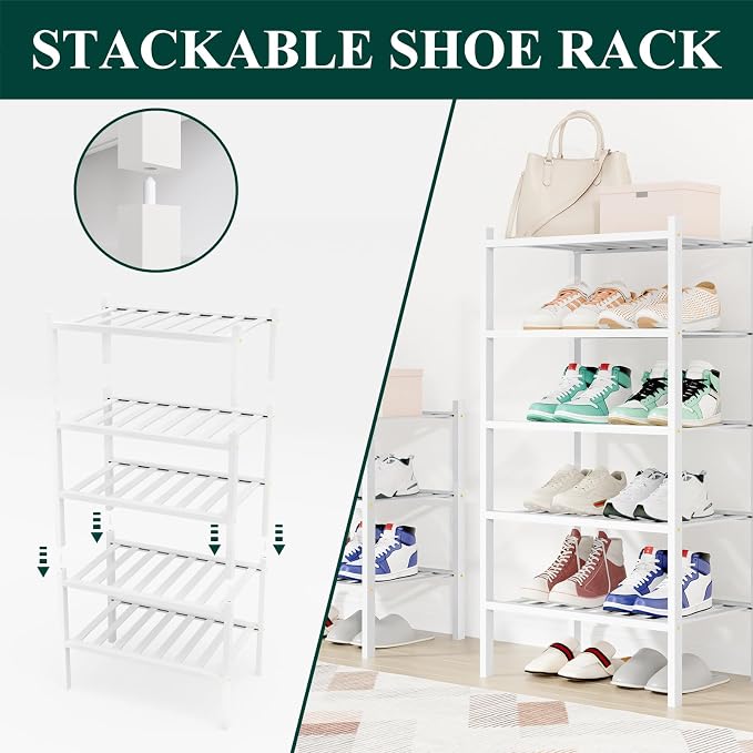 Smiry Shoe Rack, 4 Tier Small Bamboo Shoe Organizer, Stackable Free Standing Wooden Shoe Storage Shelf for Closet, Entryway, Front Door Entrance, White - Image 5