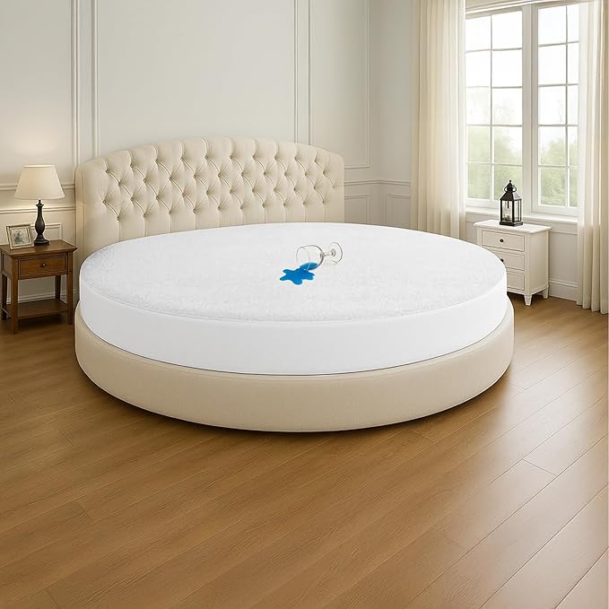 SGI Bedding Waterproof Round Mattress Protector 80" Diameter– 15" Deep Pocket Fitted Style Terry Cotton Mattress Pad Cover, Soft, Breathable & Noiseless, Spills & Stains Bed Protection – White