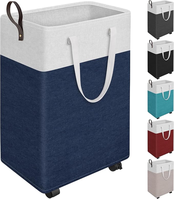 HomeHacks 90L Rolling Laundry Hamper with 4 Smooth Wheels, Collapsible Waterproof Clothes Basket, Freestanding Tall Hamper with Extended Handles for Bedroom/Dorm/Laundry Room (Blue) by HomeHacks