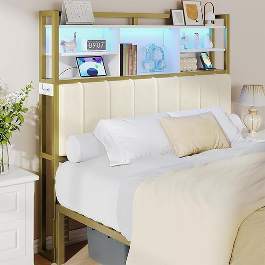 Hzuaneri Headboard with 3-Tier Storage Shelves, Velvet Upholstered Head Board with 2 Outlets, USB Ports & LED Light, Soft Backrest for Full Size Bed, White and Gold BH13803A