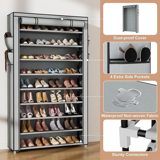 VILICK Shoe Rack with Cover Narrow Shoe Organizer with Pockets 10 Tier Tall Shoe Storage Holds 36-41 Pairs Shoes and Boots Shoe Rack for Closet Entryway Garage, Grey - Image 4