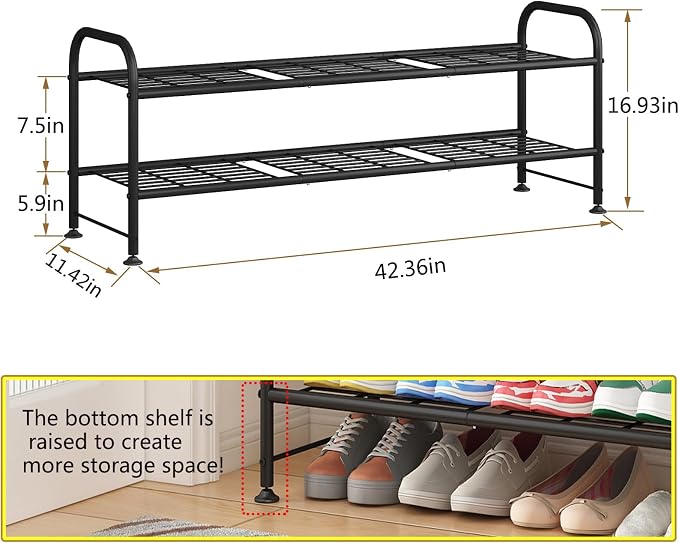 LINZINAR Shoe Rack 2 Tier Storage Organizer for Closet Entryway Metal Black - Image 2