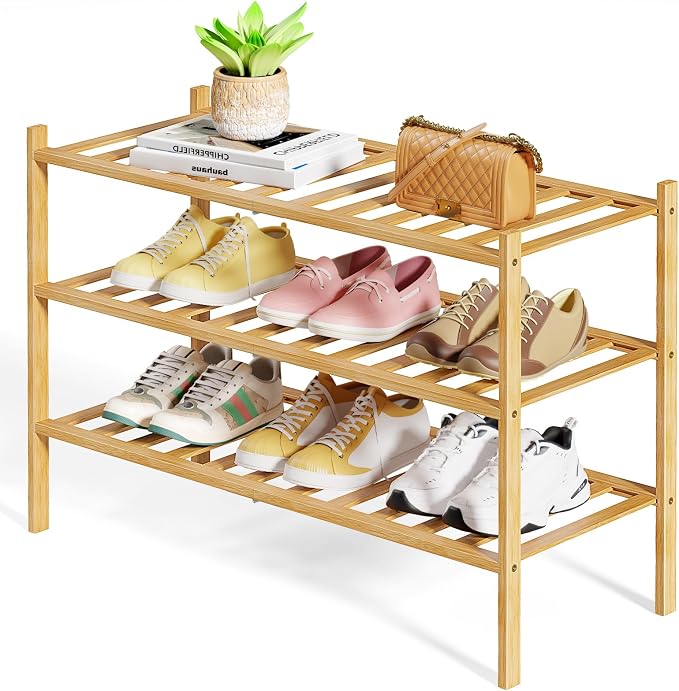 Kitsure Bamboo Wooden Shoe Rack for Closet - Stackable Shoe Organizer with Modular Structure, Space-Saving Shoe Shelf for Entryway, Living Room, Bedroom, 26.8" x 11" x 18.9", Natural by Kitsure