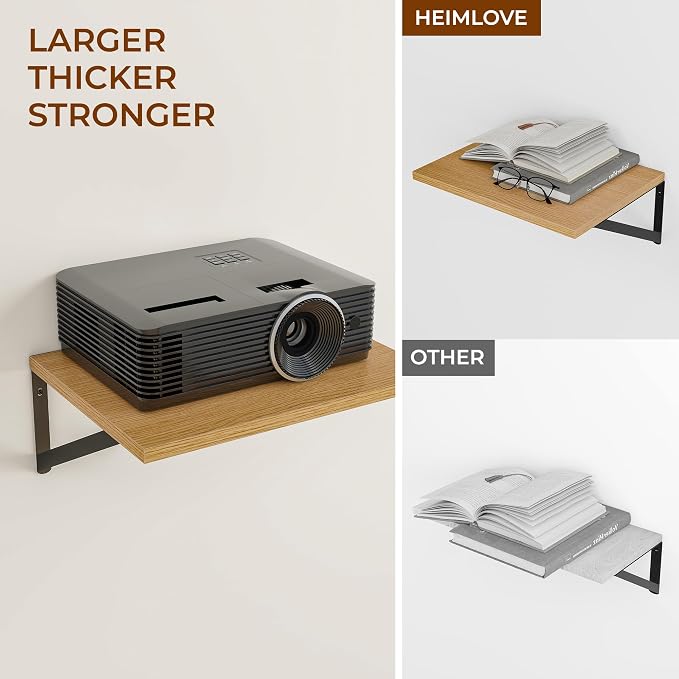Heimlove Deep Floating Shelves for Wall, 12 Inch Deep Floating Shelves Set of 3, 16W x 12D Wood Wall Shelves, Wide Wood Shelves with Metal Bracket for Living Room, Kitchen, Office, Bedroom - Oak - Image 5