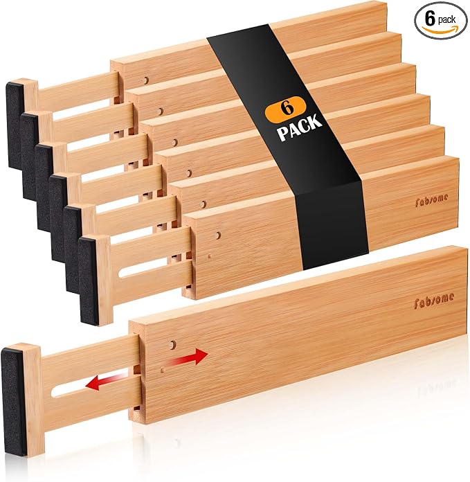 Fabsome Drawer Divider 6 Pack, Bamboo Dresser Organizers for Clothes Socks Underwear Baby Clothing, Wooden Separators for Nursery Organization Adjustable from 12.5'' to 17'' with Soft Foam Ends by Fabsome