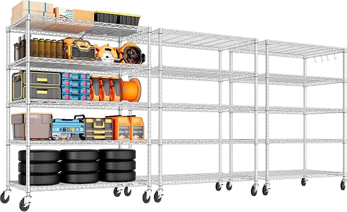 PrimeZone 5 Tier 48" Wx24''Dx81''H Wire Shelving with Wheels 3000lbs NSF Certified Storage Shelves Heavy Duty Metal Shelf Adjustable Rolling Rack Commercial Garage Restaurant Warehouse Chrome 3Pack by PrimeZone