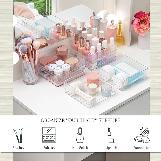 STORi SimpleSort 6-Piece Stackable Clear Drawer Organizer Set | 6" x 6" x 2" Square Trays | Small Makeup Vanity Storage Bins and Office Desk Drawer Dividers | Made in USA - Image 3