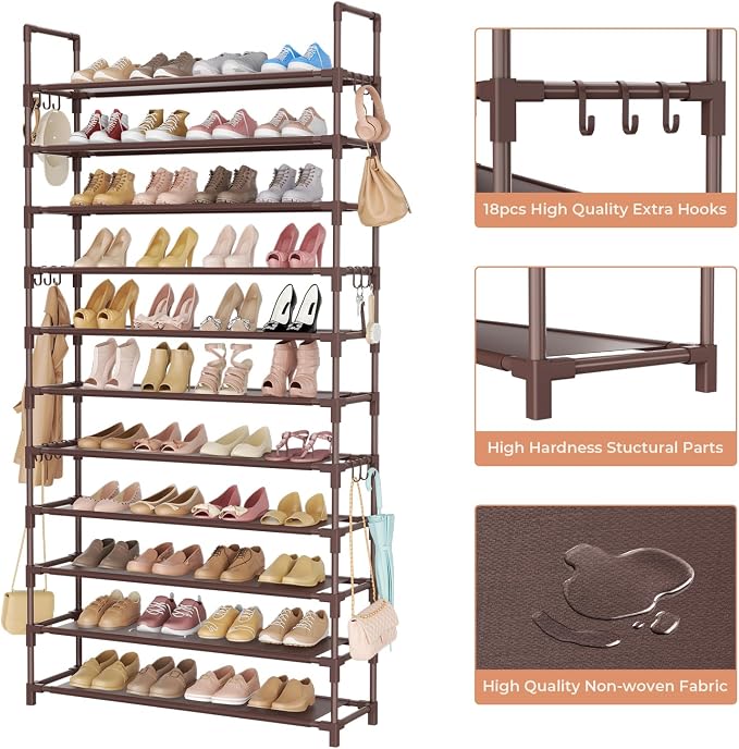 LANTEFUL 11 Tiers Tall Shoe Rack Holds 55 Pairs of Shoes with 18pcs Hooks Sturdy Wide Shoe Organizer Storage Free Standing Metal Shoe Shelf for Closet, Entryway Brown - Image 4