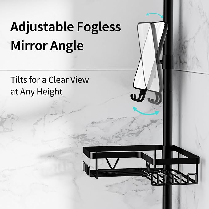 KEGII Shower Caddy Tension Pole - Adjustable Rustproof Corner Bathroom Organizer with Fogless Shower Mirror, 25–114.2 Inch No-Drill Bathroom Storage, Black - Image 5