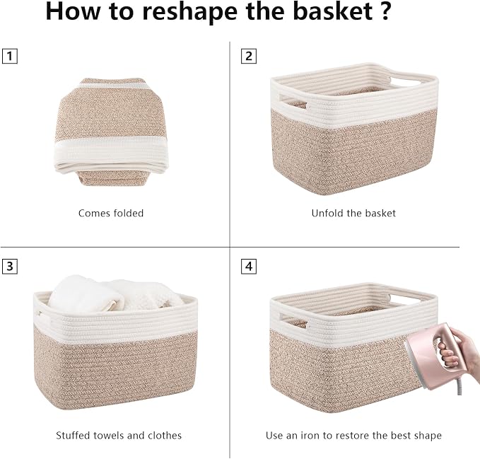 OIAHOMY 4 Pack Storage Baskets for Organizing, Basket for Shelves with Handle, Woven Baskets for Storage Toys, Towels, Books, Cotton Rope Basket 13" L x 9 " W x 7.8 " H, Brown & White - Image 7