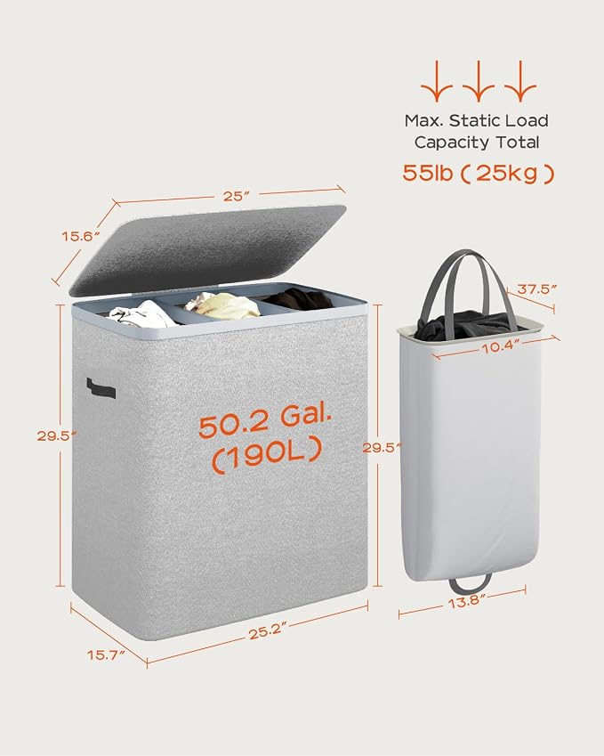 CASAMAYA Laundry Basket with Lid, Laundry Hamper 3 Section, 190L collapsible Laundry Organizer, Easy Assembly, with Handles and Removable Liners, 25.2 x 15.7 x 29.5 Inches, Gray JSP904G - Image 6