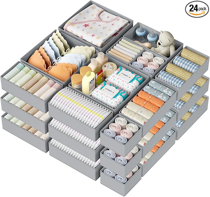 DIMJ Drawer Organizer Clothes 24 Pack - Foldable Baby Organizers and Storage & Dresser Organizer for Bedroom, Closet - Nursery Organization Dresser Dividers for underwear, Sock,Bra, Belt, Tie, Gray by DiMJ