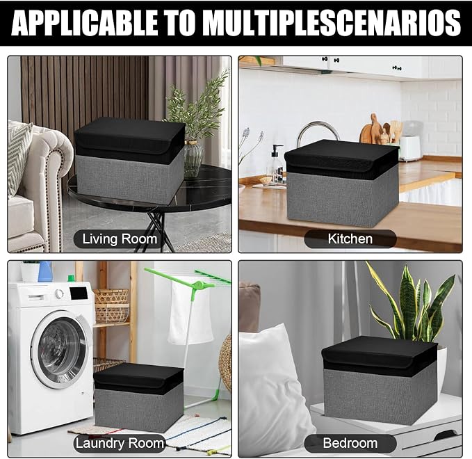 Large 17" 42 Quarts Collapsible Stackable Storage Bins with Lids [3-Pack] Foldable Fabric Linen Storage Boxes Cube, Closet Organizer Baskets with Label for Home (16.7 x 12 x 12", Black & Gray) - Image 7
