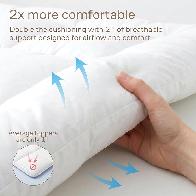 Ultra Soft Queen Mattress Topper - Cloud-Like Mattress Pad for Back Pain Relief - Breathable Cooling Material for Hot Sleepers, White