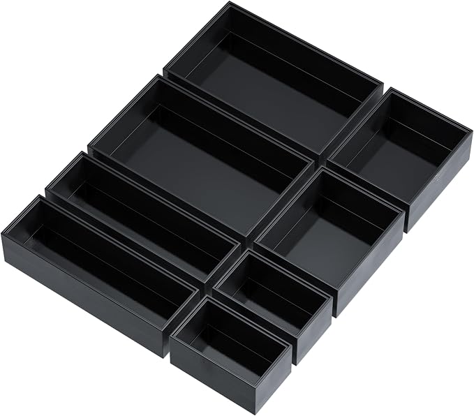 Bathroom Drawer Organizer Trays, Bamboo Drawer Organizer Kitchen Utensils Silverware Organizer, 8 PCS Wood Box Stackable Bins for Makeup, Office Desk, Junk Drawer (Black) - Image 8
