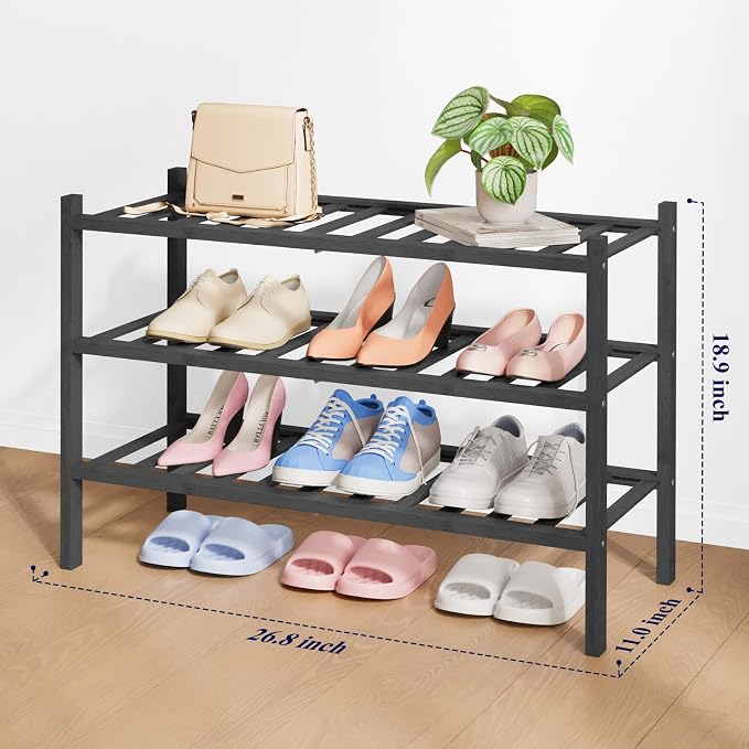 Kitsure Bamboo Wooden Shoe Rack for Closet - Stackable Shoe Organizer with Modular Structure, Space-Saving Shoe Shelf for Entryway, Living Room, Bedroom, 26.8" Wide - 3 Tiers, Black - Image 2