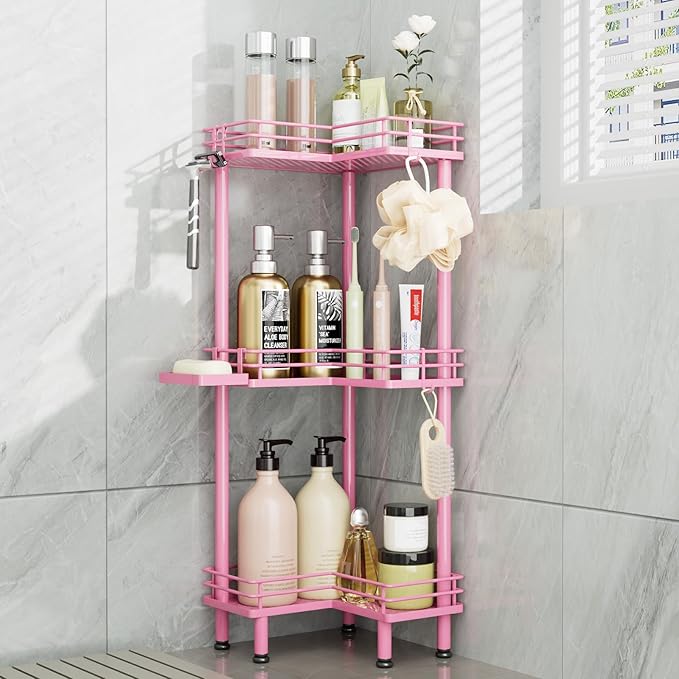 Consumest Corner Shower Caddy Standing - 3-Tier Stainless Steel Shower Organizer with Soap Holder and 4 Hooks, Large Capacity Corner Shelf Stand for Bathroom, Rest Room, Pink by Consumest