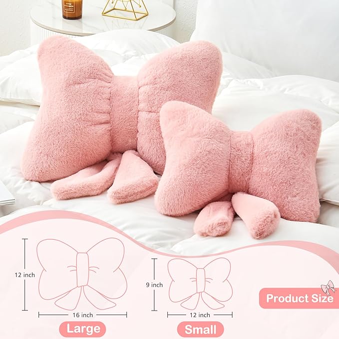 Red Bow Pillow,16'' Bow Decorative Pillows with Faux Rabbit Fur,Soft Bow Throw Pillows Aesthetic Bow Shaped Pillow for Bed Sofa Couch Home Decor