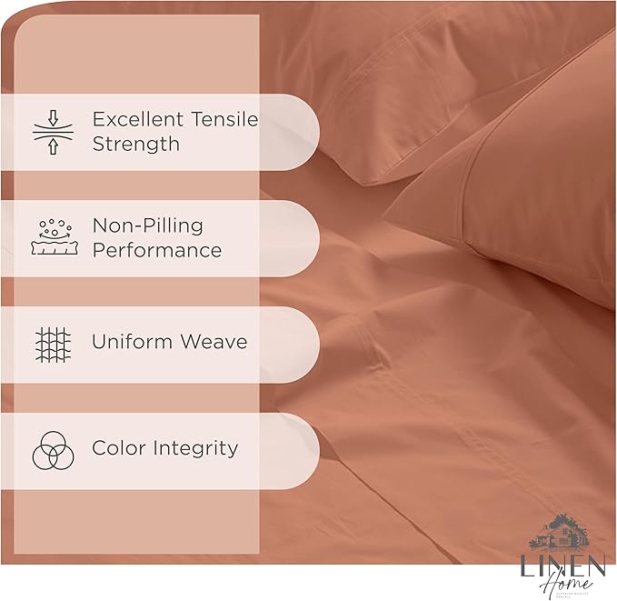 Linen Home 100% Cotton Percale Sheets California King Size, Tera Clay, Deep Pocket, 4 Pieces Set - 1 Flat, 1 Deep Pocket Fitted Sheet and 2 Pillowcases, Crisp Cool and Strong Bed Linen
