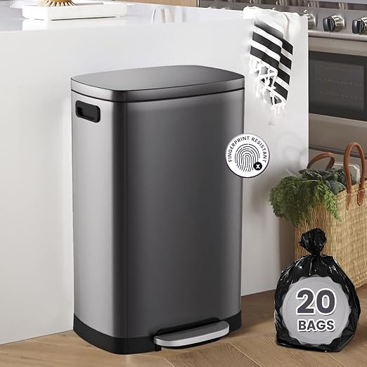 ELPHECO Kitchen Trash Can with Lid Soft Close, 13 Gallon / 50L Stainless Steel Pedal Garbage Can, Heavy-Duty Step Wastebasket with 20 Bags, Removable Bucket, Home Office, Titanium Silver - Image 9