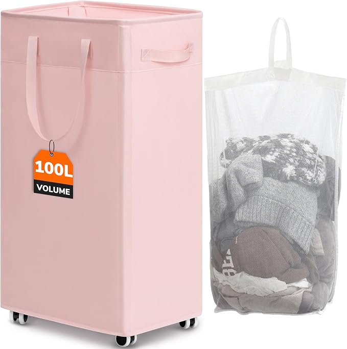 CHICVITA 100L Slim Laundry Hamper with Wheels, Collapsible Rolling Laundry Basket for Living Room, Pink Laundry Hamper for College Dorm by CHICVITA