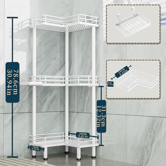 Consumest Corner Shower Caddy Standing - 3-Tier Stainless Steel Shower Organizer with Soap Holder and 4 Hooks, Large Capacity Corner Shelf Stand for Bathroom, Rest Room, White - Image 7