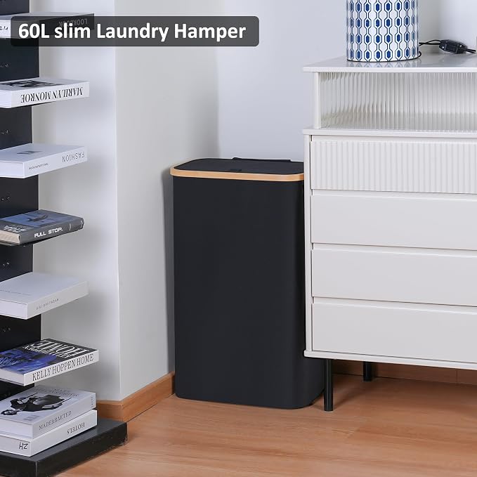 60L Slim Laundry Hamper,Laundry Basket with Lid,Tall Hamper for Laundry,Dirty Cloth Hamper with Bamboo Handle for Toys,Towels, Clothes Organizing,Black - Image 4