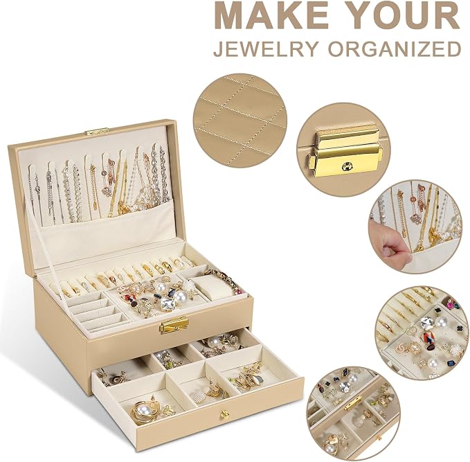 GUOER Jewelry Box for Women Girl Wife - Large PU Leather Jewelry Organizer Storage Case with Two Layers Display for Earrings Bracelets Rings Watches (Champagne) - Image 2