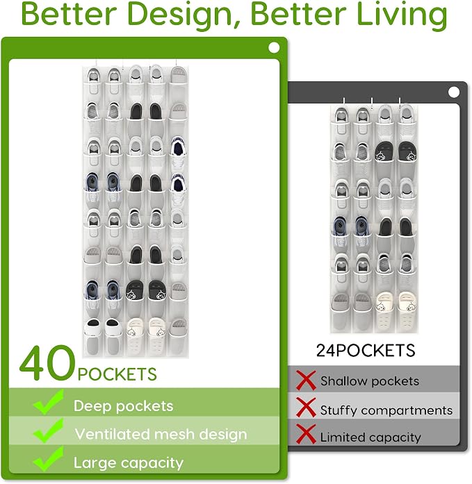 Unjumbly Over the Door Shoe Organizer with 40 Large Breathable Mesh Pockets, Space Saving Shoe Holder, Hanging Shoe Rack for Entryway Bedroom Closet Storage (White, 40 Pockets) - Image 5