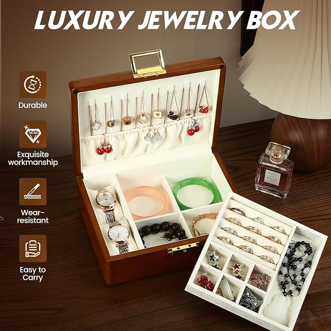 Solid Walnut Wood Jewelry Organizer Box with Lock,2-Layer Vintage Jewelry Box for Men Women, Velvet-Lined Storage for Earrings Rings Necklaces Bracelets Watches Gift Beige - Image 5