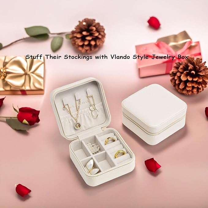VLANDO Small Travel Jewelry Box Organizer Display Case for Girls Women Gift Rings Earrings Necklaces Storage, Beige - Image 5
