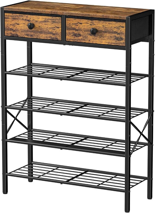Shoe Rack for Entryway, 5 Tier Shoe Organizer with 2 Non-woven Drawers, Metal Storage Shoe Shelf for 16-20 Pairs of Shoes, with Wooden Top and Steel Frame, Shoe Stand for Closet Rustic Brown by UNITSTAGE