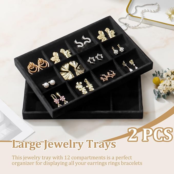 Large Velvet Jewelry Tray 2 Pack Stackable Jewelry Display Drawer Inserts Trays Organizer for Earring Bracelet Necklace Ring (Black, 12 Grids) - Image 2