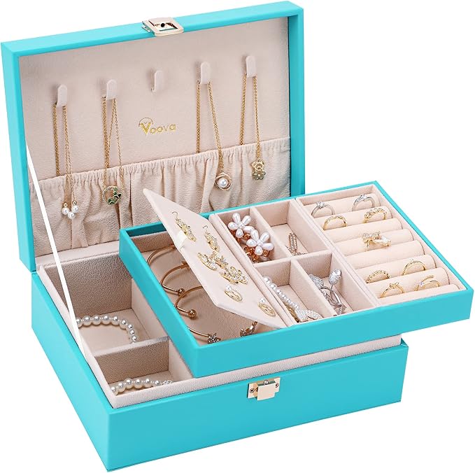 Voova Jewelry Box Organizer for Women Girls, 2 Layer Large Men Jewelry Storage Case, PU Leather Display Jewellery Holder with Removable Tray for Necklace Earrings Rings Bracelets, Gift, Teal/Lake Blue by Voova