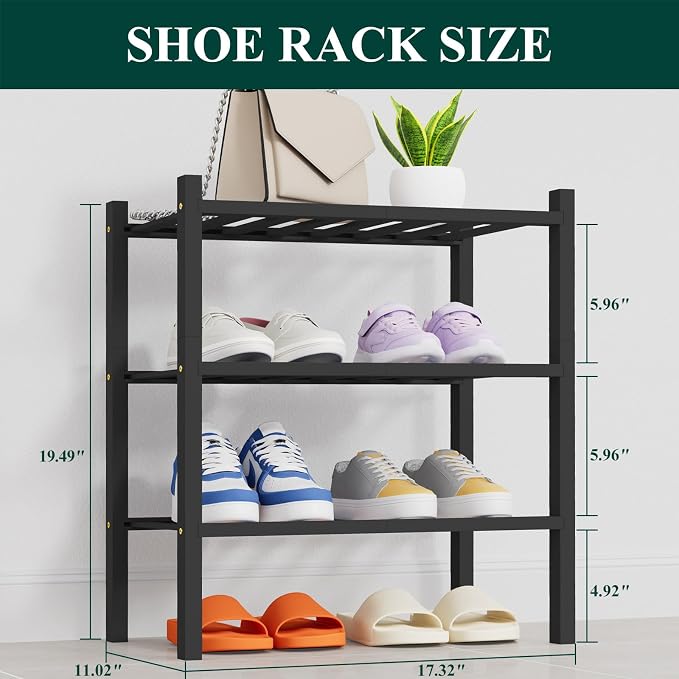 Smiry Shoe Rack, 3 Tier Thick Small Bamboo Shoe Organizer, Stackable Free Standing Wooden Shoe Storage Shelf for Closet, Entryway, Front Door Entrance, Black - Image 2