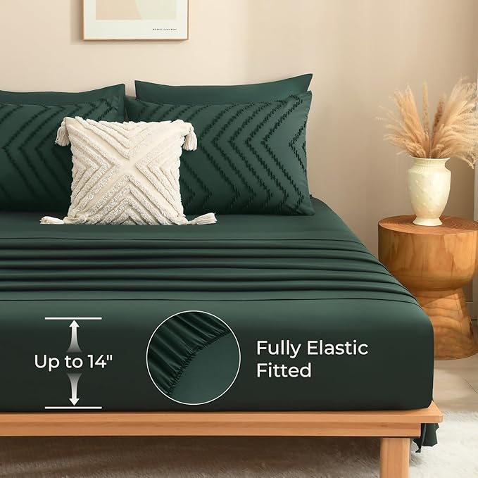 Litanika Oversized King Size Comforter Set with Sheets Dark Emerald Green - 7 Pieces Bed in a Bag Oversized King Boho Tufted Complete Bedding Sets with Comforter, Sheets, Pillowcases & Shams