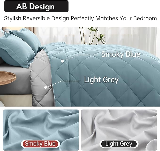 MUXHOMO 5 Pieces Twin Comforter Set, Reversible Bed in a Bag Twin Size, All Season Bedding Set with Comforter, Flat Sheet, Fitted Sheet, Pillowcases & Shams, Greyish Blue & Light Grey
