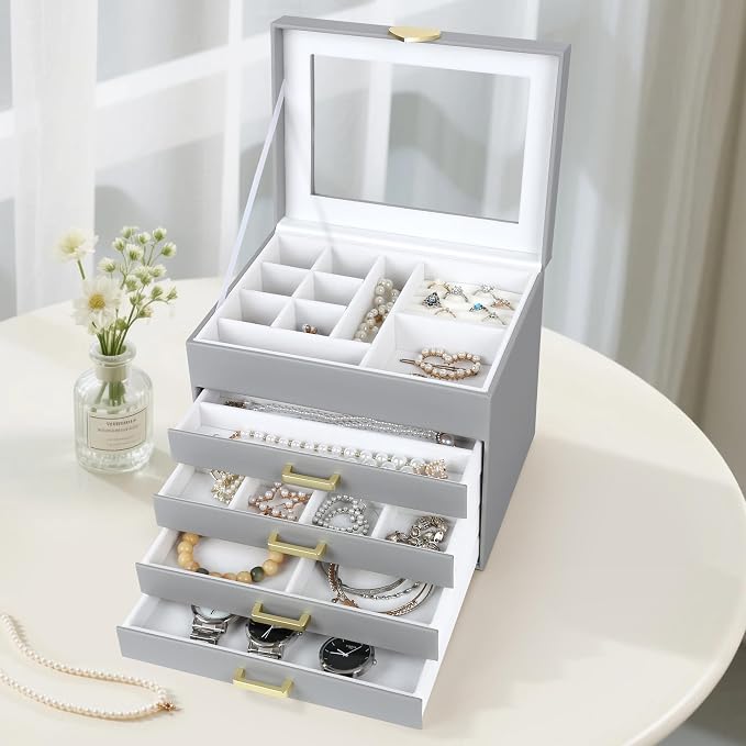 Kendal Jewelry Box, 5-Layer Jewelry Organizer Box with Glass Lid, Gray, Heart Shaped PU Leather, Storage Box for Necklace Earrings Rings Bracelets, Gift Idea for Girls LJC4DRGY - Image 5